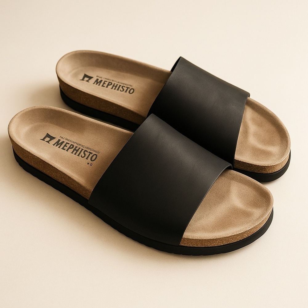 mephisto leather slide sandals black comfort minimalist summer slip-on 40